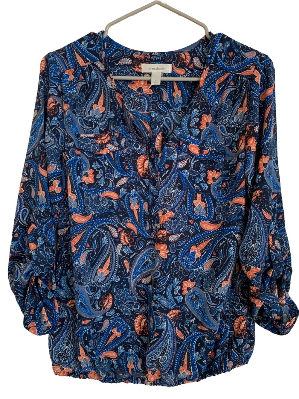 DRESS BARN Blue Orange White Paisley Print 3/4 Sleeve Bubble Hem Blouse